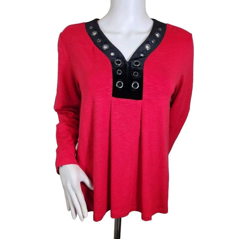 Multiples Womens Size M Petite  Red Long Sleeve v neck top blouse New -23
